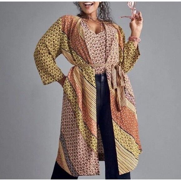 CAbi Womens Poet Patchwork Open Front Waist Tie Kimono Jacket Dress Boho Small - Picture 1 of 10